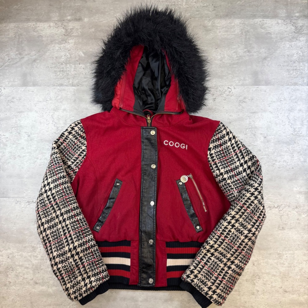 Coogi Red Wool Varsity Bomber Jacket Houndstooth Rhinestone Faux Fur Hood 2X